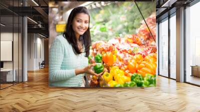 Closeup portrait, woman grocery shopping veggies Wall mural