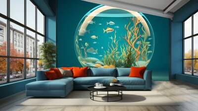 Abstract biosphere in a bubble. Ecosystem in a fish bowl. Environmental background wallpaper with fish and coral, Generative AI  Wall mural