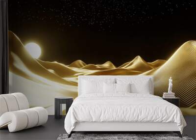 3D flow flow wave abstract contour mountain curve with gold glitter metallic glossy line sun, golden silver white light fashion shiny landscape texture technology web banner car road black background Wall mural