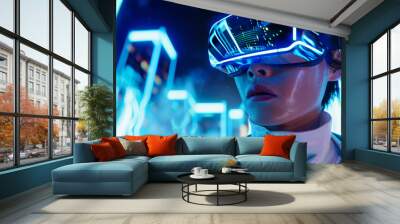 A 3D man wearing VR glasses stands in abstract cityscape with silver and white neon lights for futuristic sci-fi technology cyberpunk cool background Wall mural