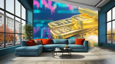 Gold bars with financial chart economy finance rich wealth investment background. gold trade market and stock market investing Wall mural