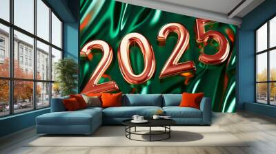 Happy new year 2025 number green silk with golden letter sparkles elegant wallpaper, 3D modern shimmering glossy fashion background banner template Wall mural