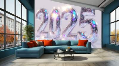 Happy new year 2025 number neon nail polish silver white wallpaper, 3D modern shimmering glitter glossy fashion background banner template Wall mural