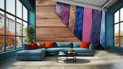 Assorted Patterned Neckties on Wooden Background Wall mural