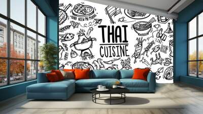 cute doodle cartoon regional tasty Thai foods popular menu , desserts ,fruit and ingredients. vector outline hand drawn for Thai street foods isolated on white background. drawing style Wall mural