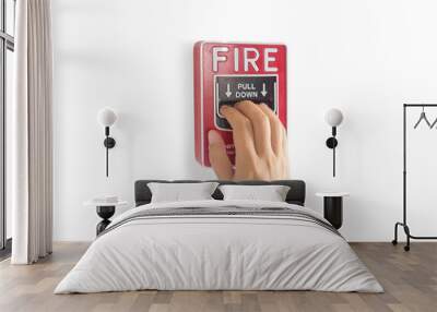 fire alarm notification appliance, hand pull down fire alarm system switch on the wall by manual for making a loud noise that gives warning of a fire alarm Wall mural