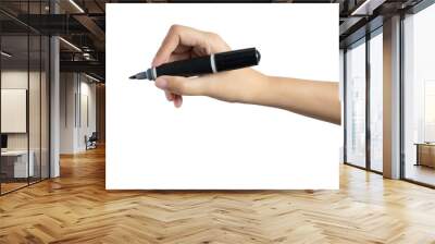 hand holding black magic marker pen ready to writing something isolated on white background with copy space, studio shot, side view Wall mural