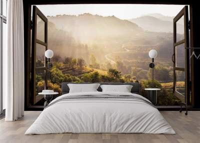 landscape nature view background. view from window at a wonderful landscape nature view with rice te Wall mural