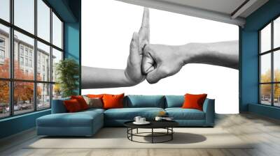 woman using hand palm to stop man's punch from attack isolated on white background. stop violence against women campaign concept with copy space, black and white color Wall mural