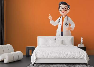 A cartoon doctor pointing to something on a bright orange background Wall mural