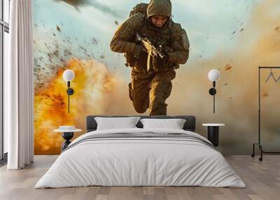 A man in a military uniform is running away from a bomb Wall mural