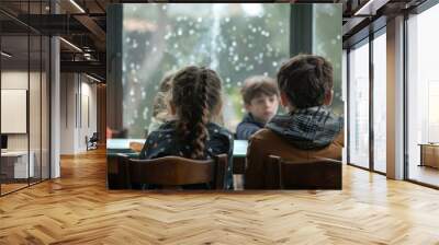 Back view of a group of kids sitting at a table in a cafe and looking at the rain Wall mural