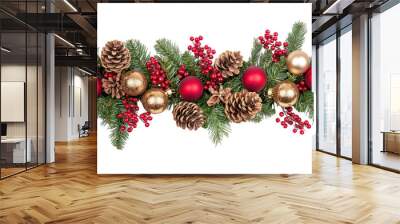 Christmas garland with red and gold baubles, berries, and pinecones on a white background.  PNG transparent. Wall mural