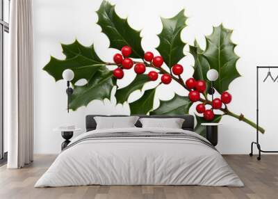 Close-up of holly leaves with red berries on a white background.  PNG transparent. Wall mural