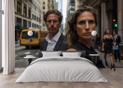 Couple of business people walking on the street in New York City Wall mural