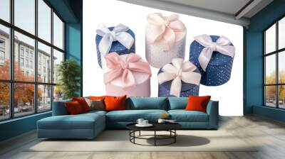 Five colorful gift boxes with elegant bows in different colors, isolated on a white background. PNG transparent. Wall mural