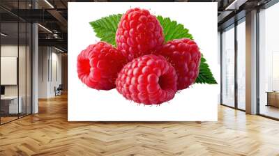 Fresh raspberries with green leaves on white background. PNG transparent. Wall mural