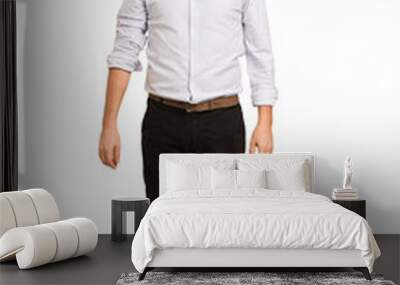 Full body adult latin man cut out isolated blows cheeks, has tired expression. Facial expression concept. Wall mural