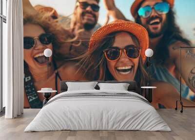 Group of friends having fun on the beach. People having fun on a summer vacation. Wall mural