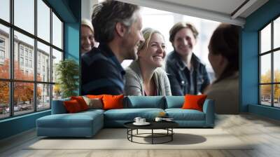 Group of happy students sharing their ideas at a lecture in a classroom Wall mural