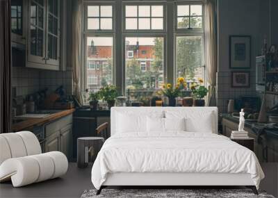 Interior of modern kitchen with wooden furniture, panoramic window and plants Wall mural