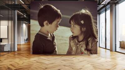 little boy and girl looking at each other on the street in the city Wall mural