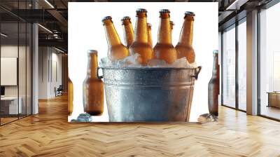 Metal bucket filled with ice and beer bottles isolated on a white background.  PNG transparent. Wall mural