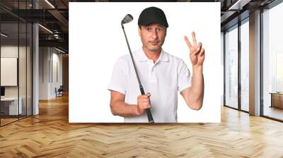 Middle aged golfer man showing number two with fingers. Wall mural