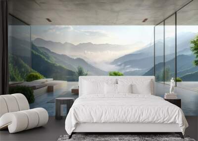 Modern living room interior with panoramic window and mountain view. Wall mural