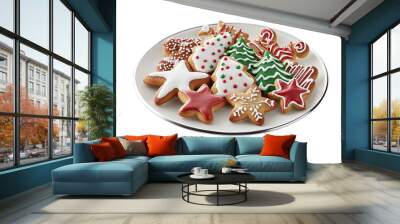 Plate filled with Christmas cookies, including gingerbread men, stars, and trees on a white background.  PNG transparent. Wall mural