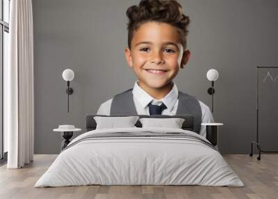 Portrait of a little boy in a business suit on a gray background Wall mural