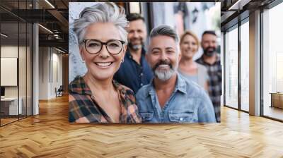 Portrait of smiling senior woman in eyeglasses with her friends standing in background Wall mural