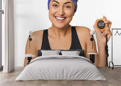 Professional young Caucasian swimmer with stopwatch Wall mural