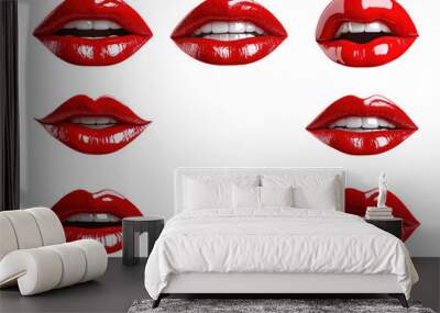 Red lipstick lips in various poses isolated on white background.. PNG transparent. Wall mural