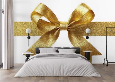 Shiny golden gift bow with textured ribbon loops on a white background.  PNG transparent. Wall mural