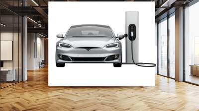 Sleek silver electric car charging at station isolated on white. PNG transparent. Wall mural