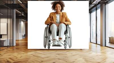 Smiling woman in wheelchair wearing stylish clothes isolated on white background. PNG transparent. Wall mural