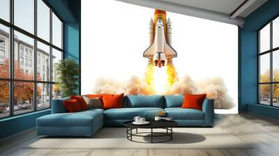 Space shuttle launch with smoke and flames, isolated on white background, high detail PNG transparent. Wall mural