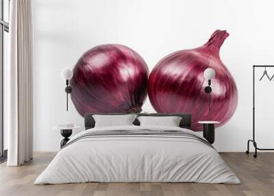 Two fresh red onions isolated on a white background. PNG image Wall mural