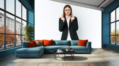 Young caucasian business woman showing that she has no money. Wall mural