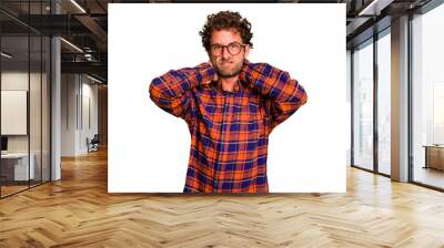 Young caucasian curly hair man isolated Young caucasian man with curly hair isolated touching back of head, thinking and making a choice. Wall mural