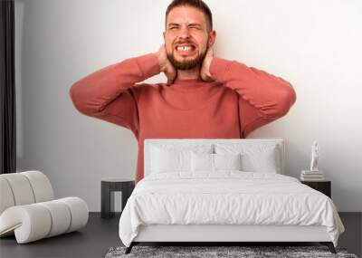 Young caucasian man with diastema isolated on white background suffering neck pain due to sedentary lifestyle. Wall mural