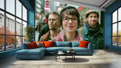 young happy and attractive hipster woman in eyeglasses with group of friends walking in city street smiling cheerful having fun in urban lifestyle concept Wall mural