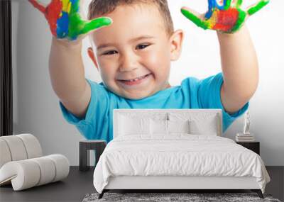 child with painted hands on a white background Wall mural