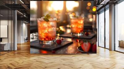  Two glasses of refreshing strawberry and mint tea. Wall mural