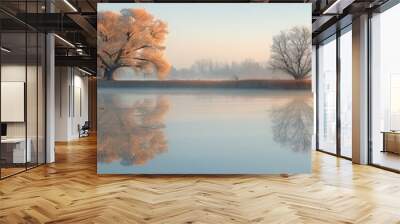 a body of water with trees and a blue sky.  Wall mural