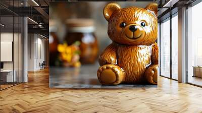 a brown teddy bear on a counter.  Wall mural