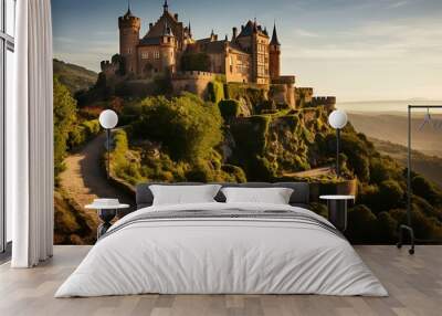 a castle on a hill.  Wall mural