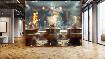 a group of bowls with flames.

 Wall mural