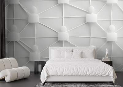 A network of interconnected nodes symbolizing the connections between people in social networks, white figures on grey background, minimalistic style, top view, simple lines and shapes, professional p Wall mural